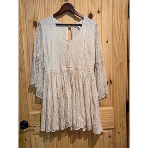 Shyanne Cream Lace Bell Sleeve Mini Dress Womens Large Western Boho V-Neck Ivory